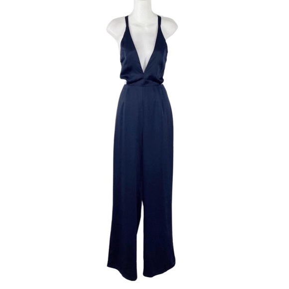 Sugarlips Pants - NWT Sugar+Lips Deep Navy Satin Cross Back Cutout Side Wide Leg Jumpsuit Small S